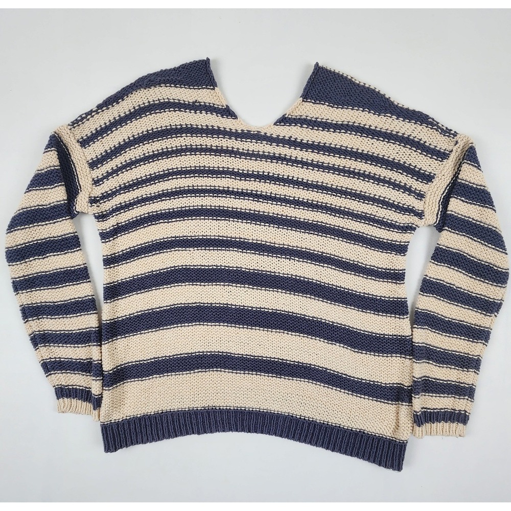 Vince Striped V Neck Sweater M Navy Cream Chunky Knit Nautical Quiet Luxury - Picture 3 of 13